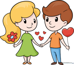 A colorful, finished illustration of a cute cartoon couple holding hands with heart balloons.
