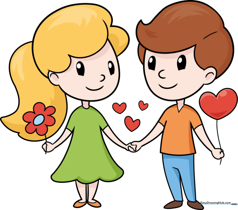A colorful, finished illustration of a cute cartoon couple holding hands with heart balloons.
