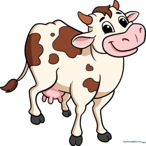 A friendly cartoon cow standing in a field, the final result of this drawing tutorial.
