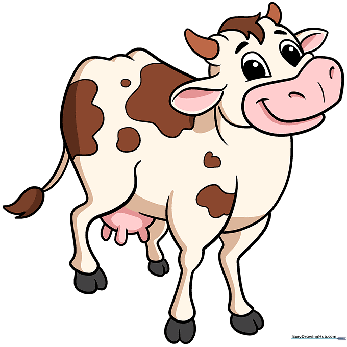 The final colored cartoon cow with black spots and a friendly expression.