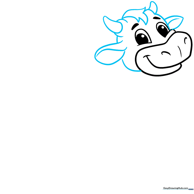 Adding ears, horns, and a tuft of hair to the top of the cow's head.