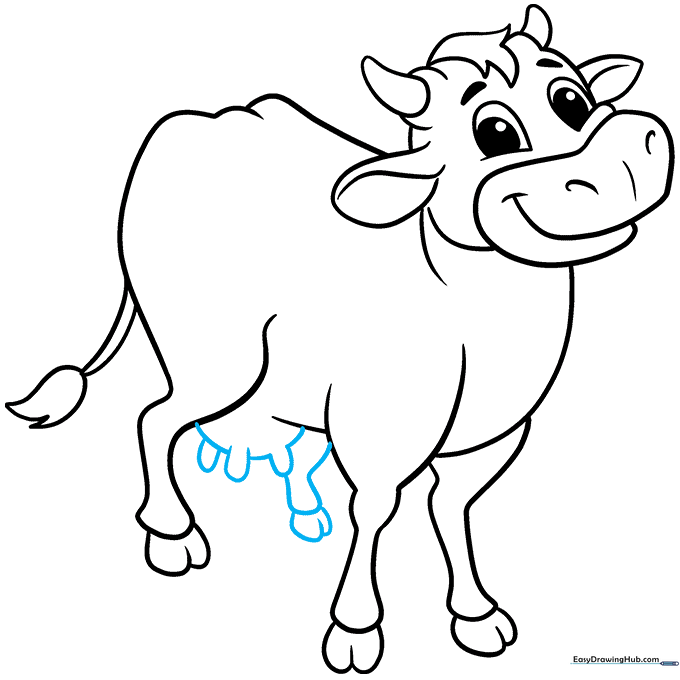 Adding the final leg and udder to complete the cow's body outline.