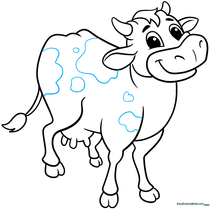 Adding irregular spots to the cow's back to give it a classic farm look.
