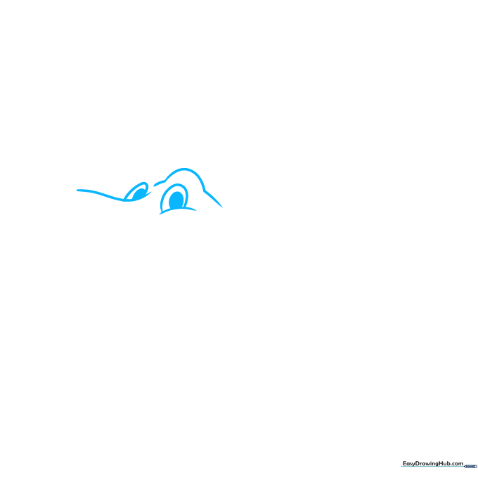 Close-up sketch of a cartoon crocodile eye with a small pupil and a rounded brow loop.