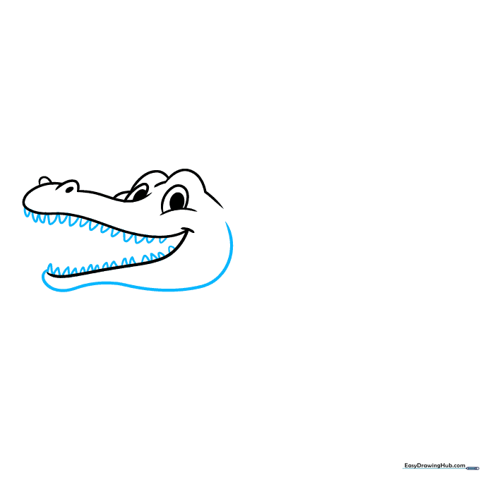 Drawing sharp, triangular teeth inside the crocodile's open mouth.