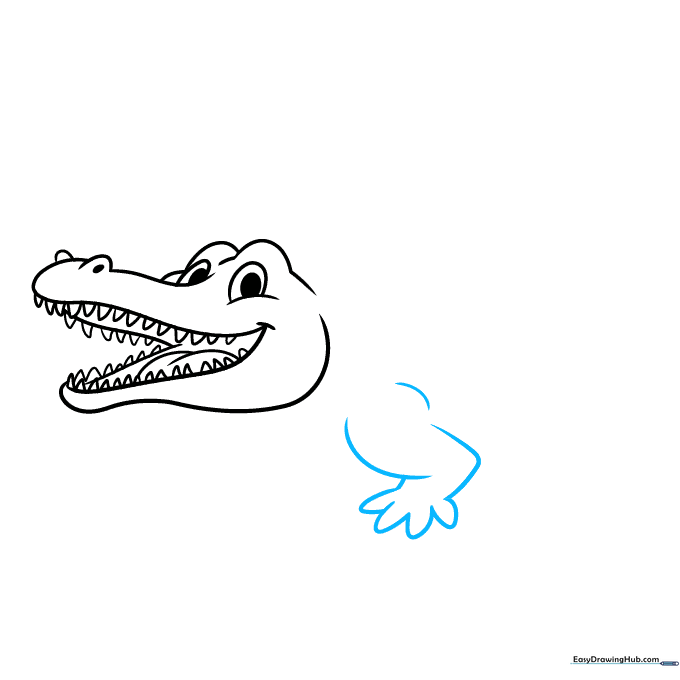 Sketching the front leg and rounded toes of the crocodile.