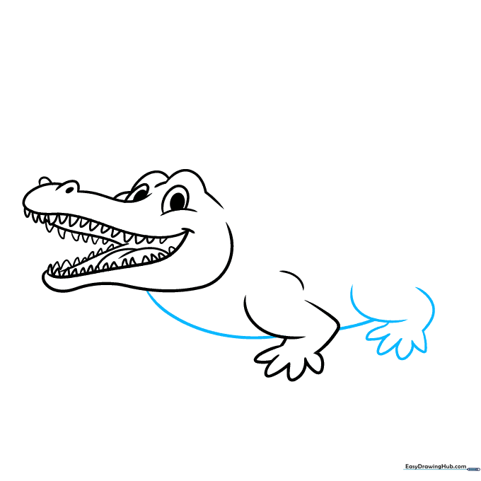 Drawing the back leg of the crocodile to match the front leg's style.