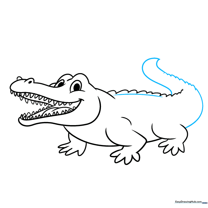 Sketching the long, curved tail with scale details.
