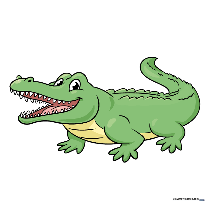 A fully colored cartoon crocodile with green skin, yellow belly, and pink tongue.