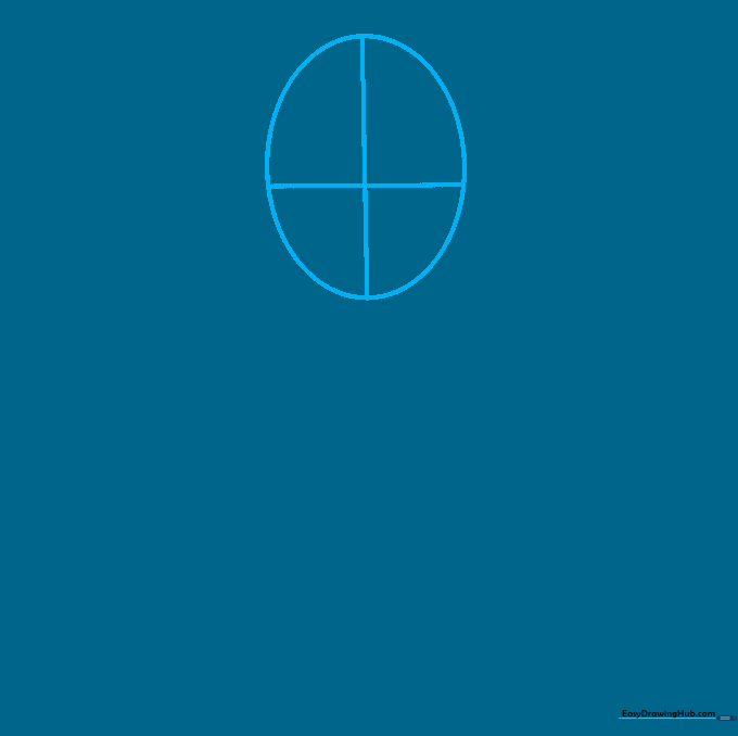 Pencil sketch of an oval head shape with intersecting vertical and horizontal guide lines for facial symmetry.