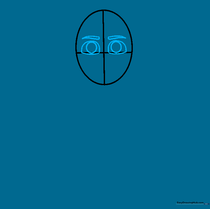 Drawing of two eyes with pupils and arched eyebrows positioned on the horizontal guide line.