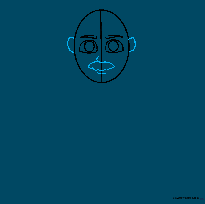 Facial features added including ears, a nose, a mustache, and a defined chin line.