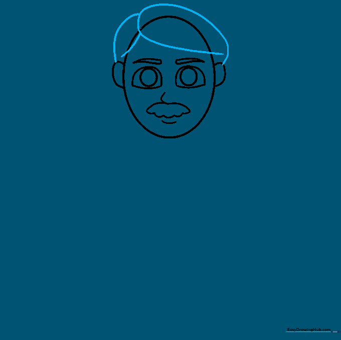 Cartoon dad head outline with hair added using overlapping curved lines.