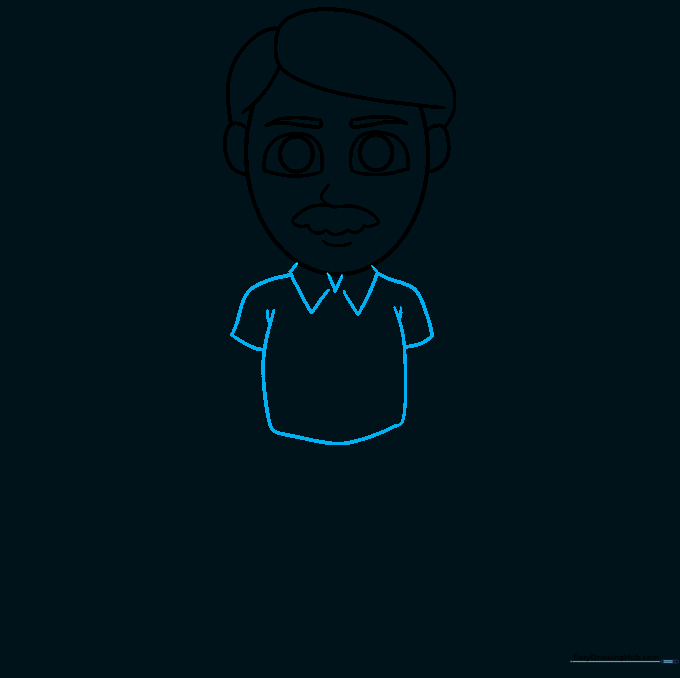 The cartoon dad's neck and shirt torso are drawn with a V-neck collar.