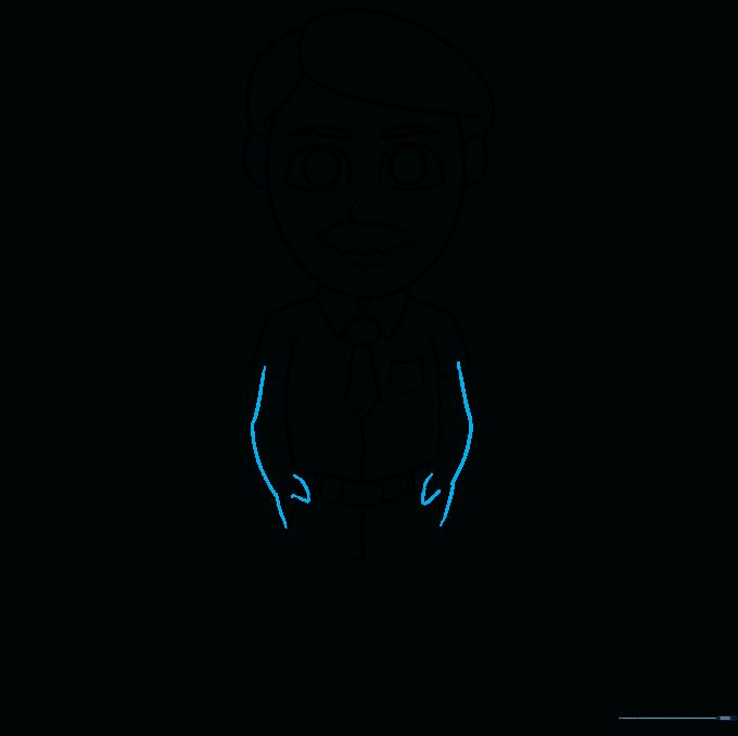 Arms and hands drawn tucked into the pockets of the cartoon dad.