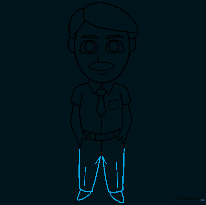 Completed drawing of the cartoon dad with legs and pointed shoes added.