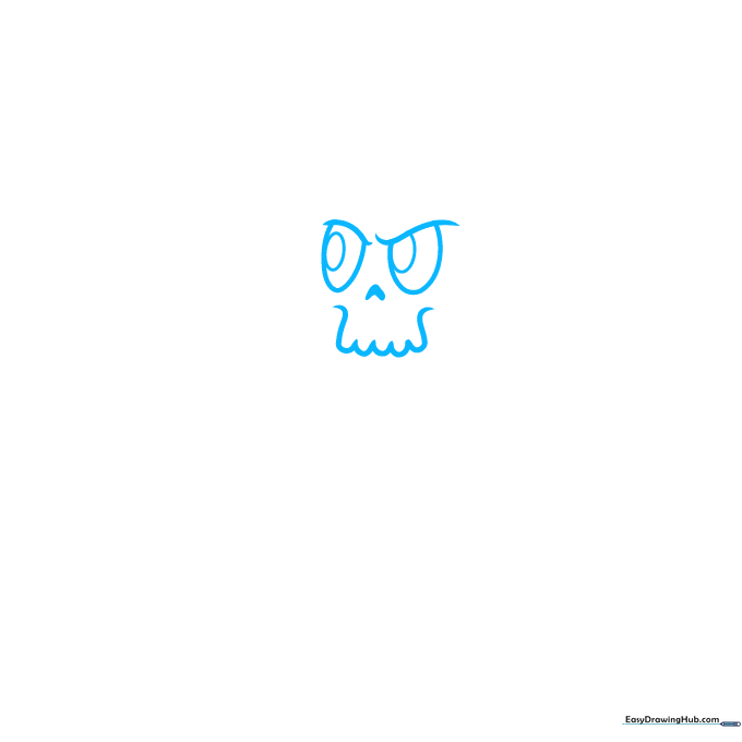Pencil sketch showing the brow, nose, and eye sockets of a cartoon skull character.