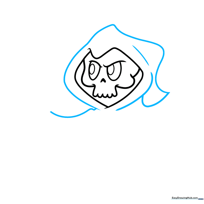 Adding the hood structure around the skull using flowing, curved lines.