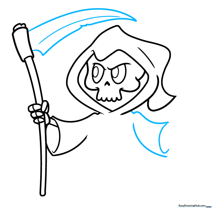Drawing the scythe blade with a sharp, triangular shape and central spine.