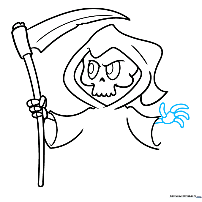 Adding the second skeletal hand holding the scythe handle.