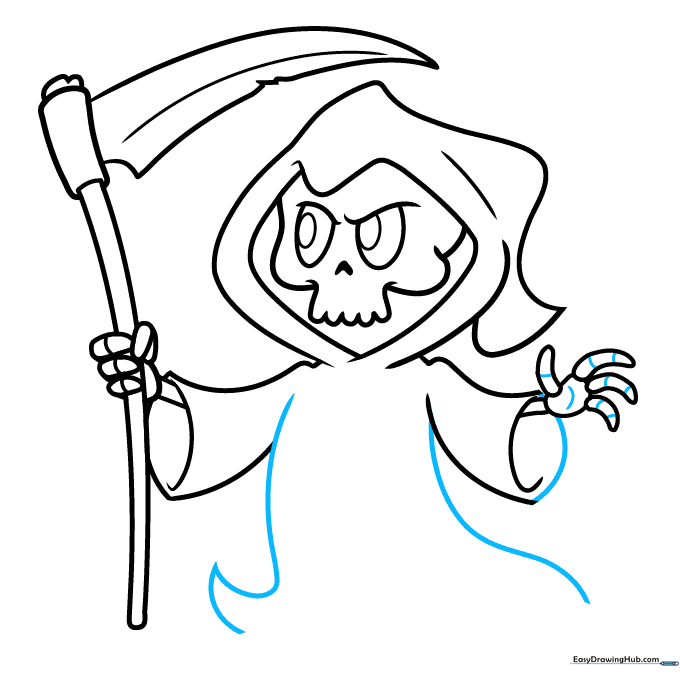 Refining the cloak edges and adding texture lines to the skeletal hand.