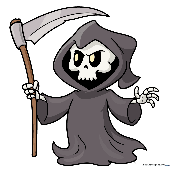 Finished cartoon death drawing with shading and color applied.
