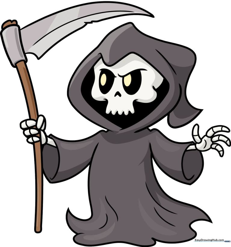 A friendly cartoon death character holding a scythe, ready for coloring.