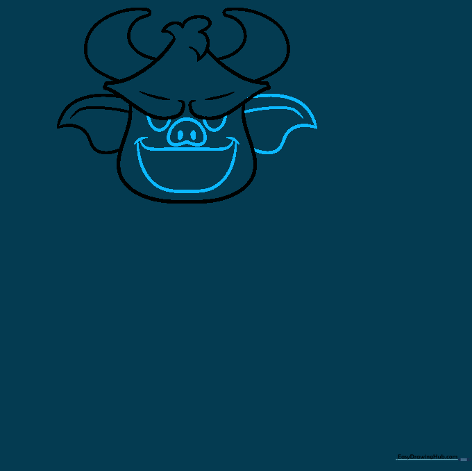 Pencil sketch of a cartoon devil face with eyes, a snout-like nose, and a wide smile.