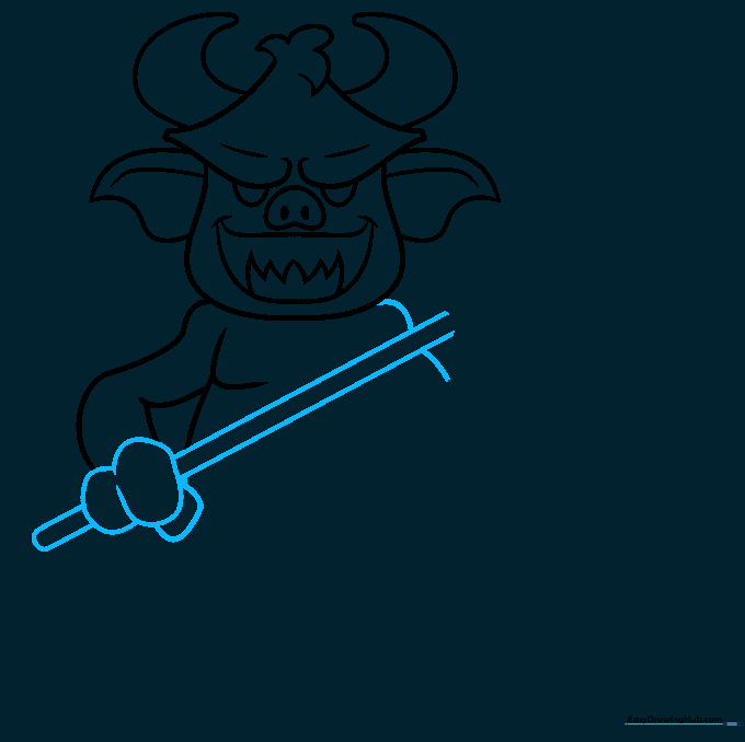 Pencil sketch of a cartoon devil hand holding a staff.