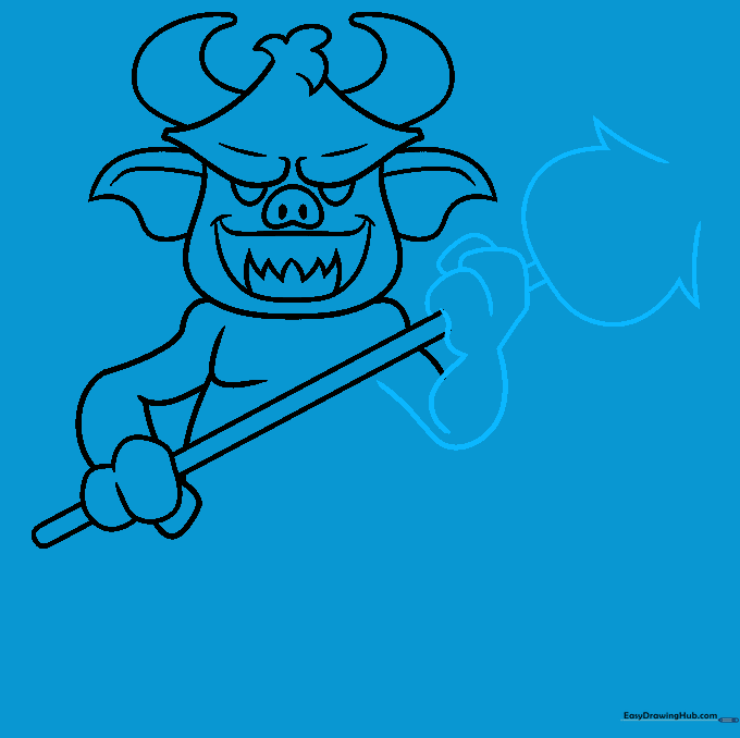 Pencil sketch showing the completed pitchfork held by the cartoon devil.