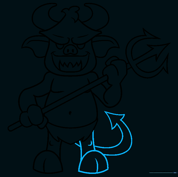Finished pencil outline of the cartoon devil with tail and legs complete.
