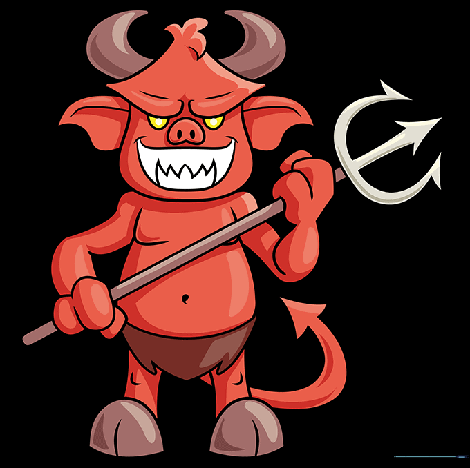 Fully colored cartoon devil illustration in red with a yellow pitchfork.
