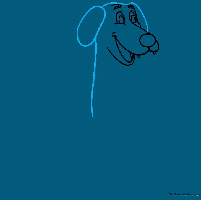 Pencil sketch showing the dog's ears and the outline of its back and neck.