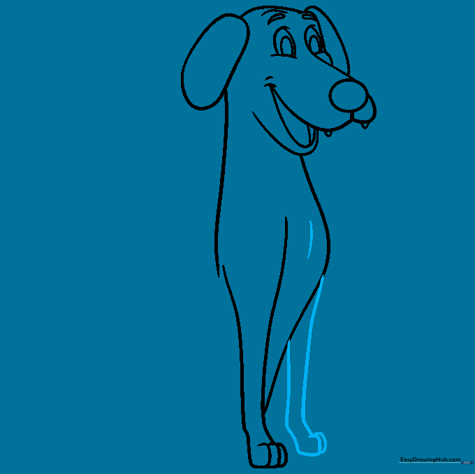 Pencil sketch showing the addition of the second front leg to the cartoon dog.