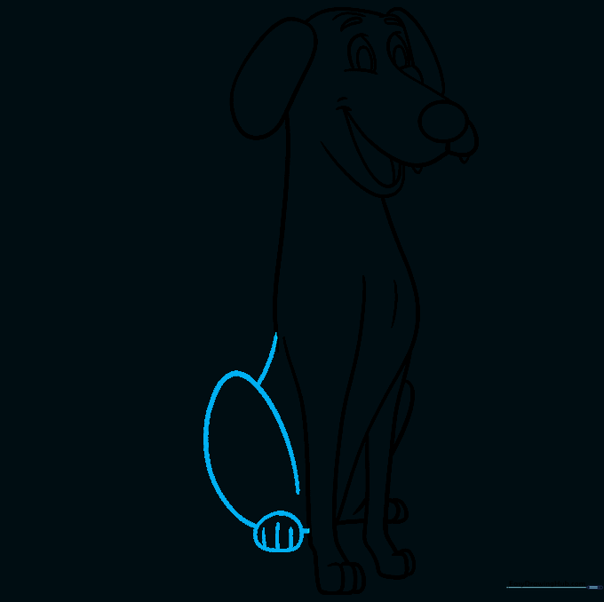 Pencil sketch showing all four legs of the cartoon dog completed.