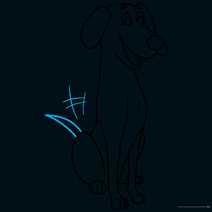 Pencil sketch of the dog with a wagging tail and motion lines.