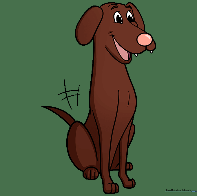 A finished, colored cartoon dog drawing with brown fur.