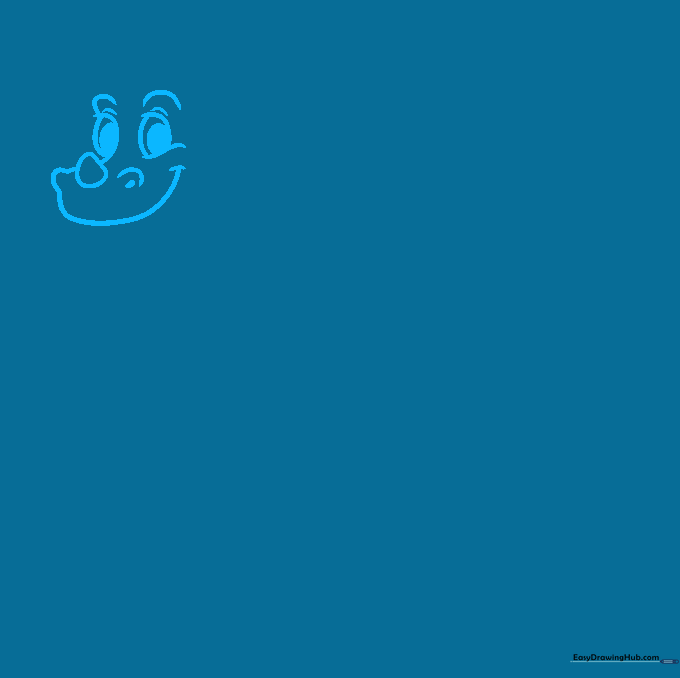 Line drawing of a cartoon dragon face showing eyes, eyebrows, and a small nose horn.