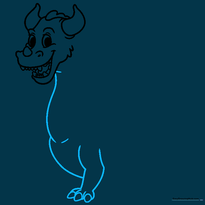 Outlining the dragon's neck, belly, and first leg with clawed feet.