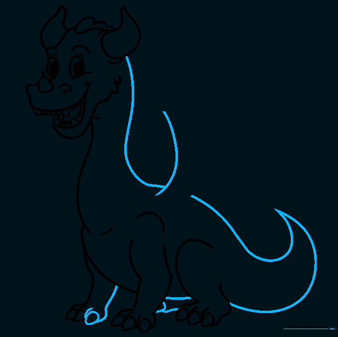 Sketching the dragon's long back and pointed tail.