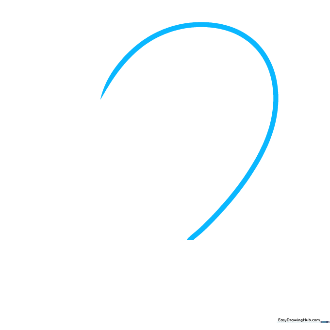 A single curved line representing the outer rim of a cartoon ear drawn on white paper.