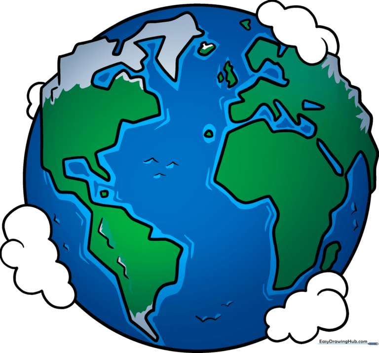 A colorful, friendly cartoon Earth illustration featuring continents, oceans, and fluffy white clouds.