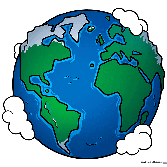 The finished cartoon Earth colored with blue oceans, green land, and white clouds.
