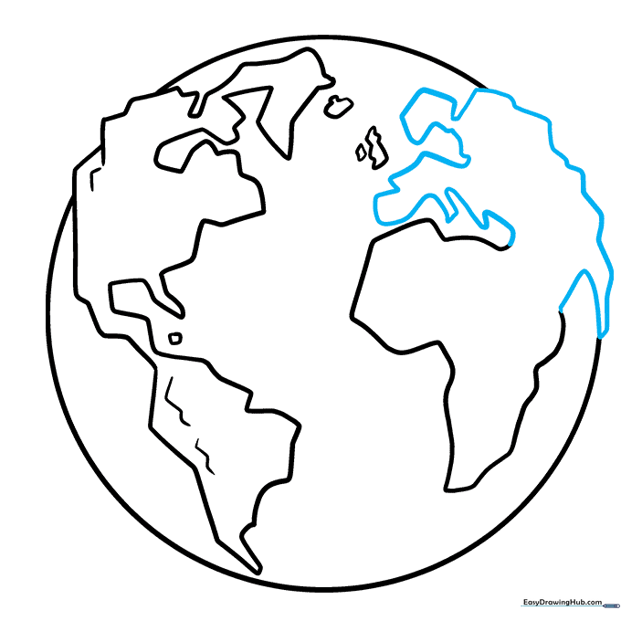 Drawing the landmasses of Europe and Asia with jagged mountain details.