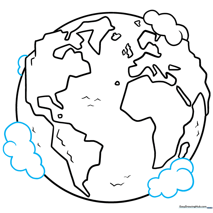 Finalizing the outline by adding more clouds around the planet's perimeter.