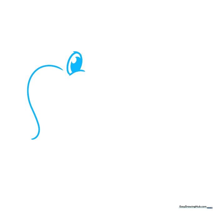 Close-up of a cartoon elephant eye and the initial curved line for the trunk on white paper.