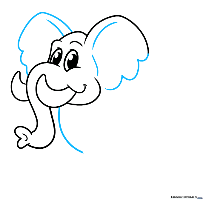 Drawing the scalloped edges of both elephant ears with added interior contour lines.