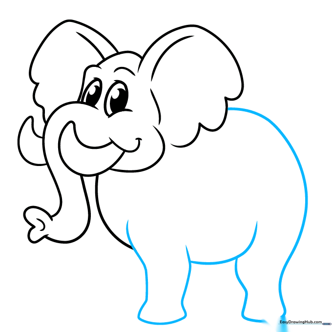 Outlining the elephant's large, rounded body and legs using smooth, connected curves.