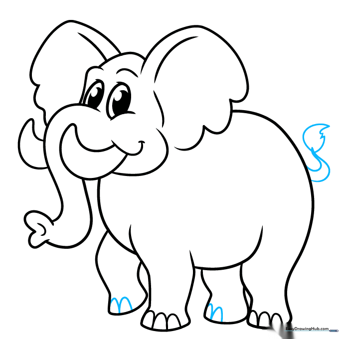 Drawing the elephant's tail with a small, tufted fur detail at the end.