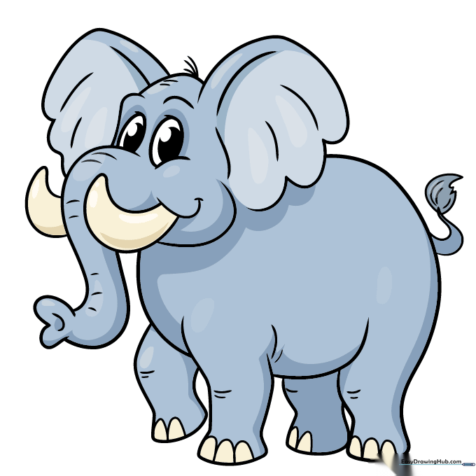 A fully colored cartoon elephant drawing with soft gray tones and pink inner ears.